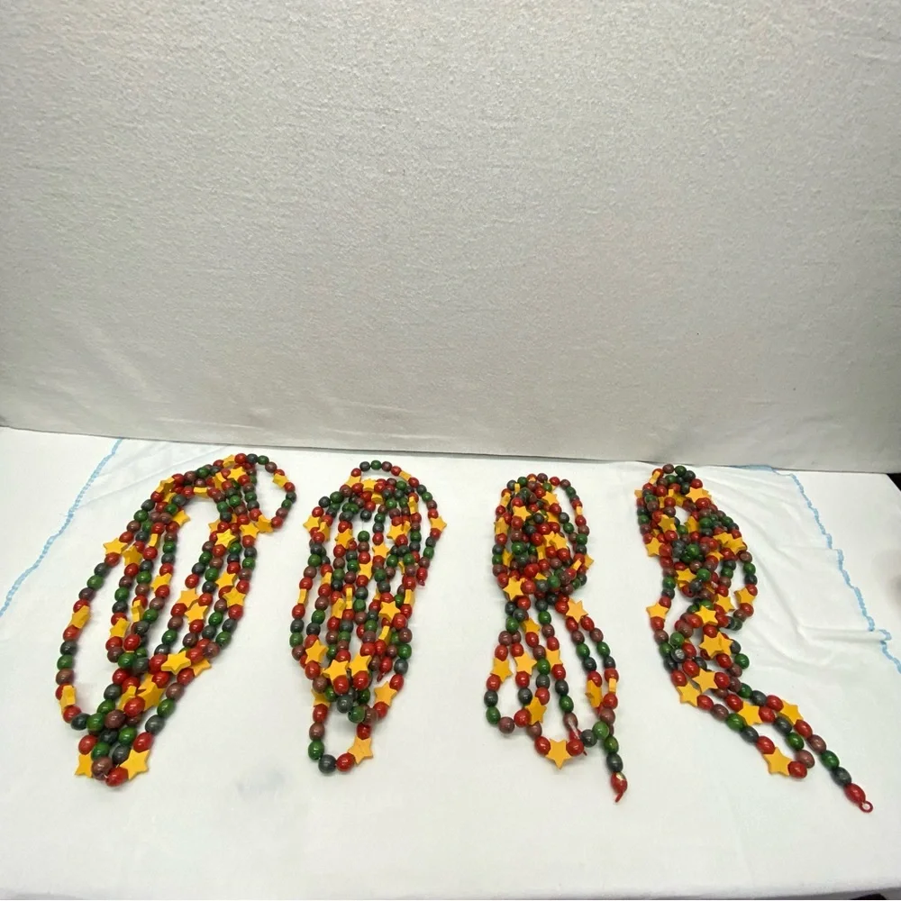 Festive Holiday Star Bead Garland set of 4 wooden bead a Little Over 9 feet each